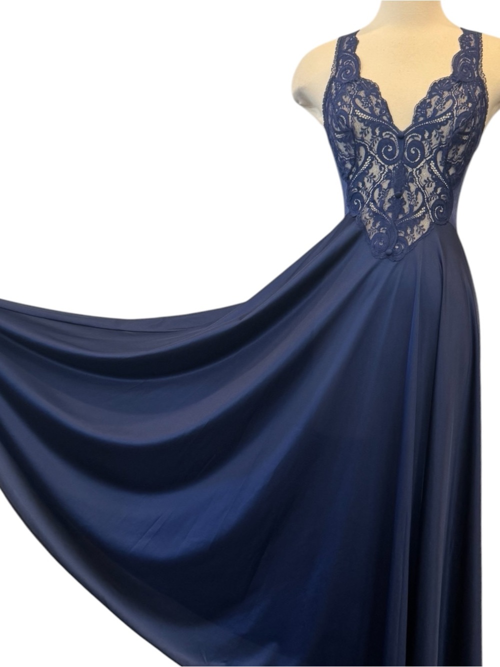 OLGA Silky Nylon Midnight Blue Sheer Lace Bodysilk Vintage Slip Dress Maxi Gown